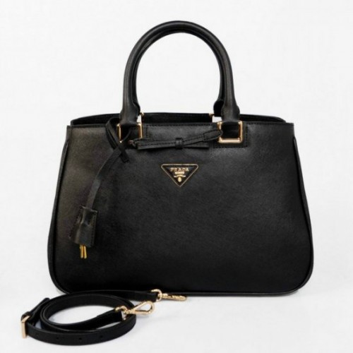 Prada Saffiano Bow Tote Borse Nero Cuoio Pizza